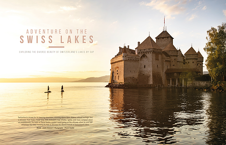 Publication tearsheet showing  a spread page of two people stand up paddling at sunset next to chateau Chillon on lake Geneva, Switzerland.