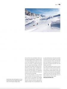 Publication tearsheet for the magazine Spot published in Zurich, Switzerland showing a snow kiting story at the San Bernardino pass.