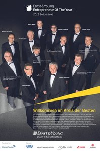 Publication tearsheet of the Ernst and Young Entrepreneur of the years showed in a group and photographed from above in Switzerland.