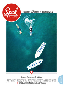 Publication tearsheet of a magazine cover with a drone shot of two people swimming next to their stand up paddle for the magazine Spot published in Zurich, Switzerland.