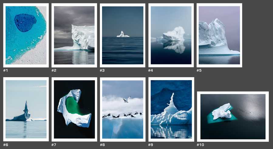 Selection of fine art prints for your  photography frames showing icebergs in Greenland.