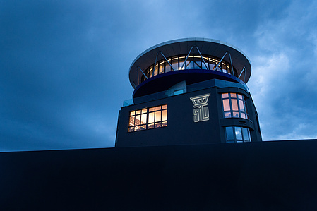 The unique shaped Silo building at night in Einsiedeln, Switzerland.