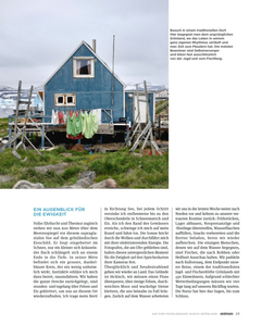 Publication tearsheet showing a traditional wooden blue house in a small village in Greenland.