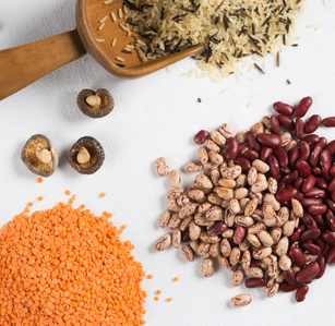 Photograph of food ingredients spread out on table. 