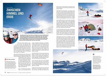 Publication tearsheet for the magazine Spot published in Zurich, Switzerland showing a snow kiting story at the San Bernardino pass.