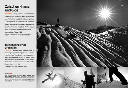 Publication tearsheet in black and white of a photo series showing an athlete in the Swiss Alps