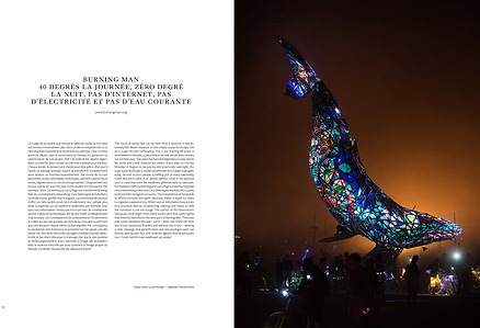 Publication tearsheet of the Space Whale art installation by night at the Burning Man Gathering.