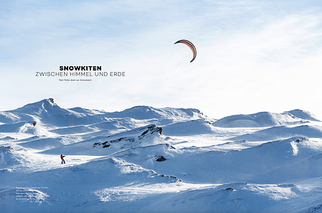 Publication tearsheet of an athlete snowkiting in the Swiss Alps.