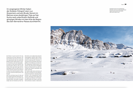 Publication tearsheet for the magazine Spot published in Zurich, Switzerland showing a snow kiting story at the San Bernardino pass.