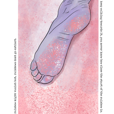 Illustration of the back of a feet with glitter on the bottom stuck