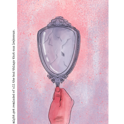 Illustration of a hand holding a cracked vintage mirror