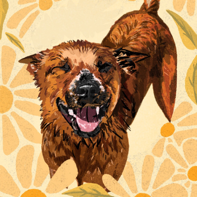 illustration of a brown cattle dog smiling with eyes close and flower pattern around her.
