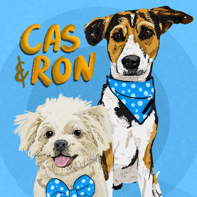 illustration of 2 dogs with 'cas & ron' written on the top left. the right dog is an indian pariah dog wearing a blue bandana. the left dog is a small shitzu mix and is wearing a blue bow