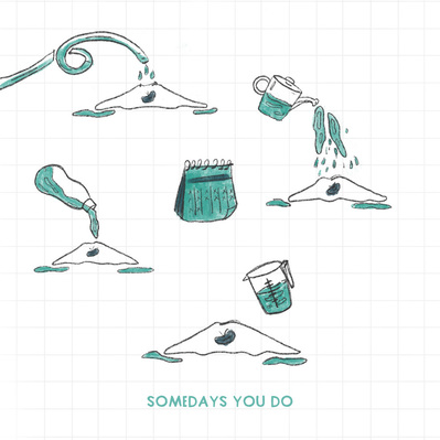 Illustration of a seed in the soil getting watered manually (through a tumbler, plastic bottle, gardening hose and a watering can). There is an illustration of a small calendar in the centre.