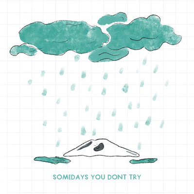 Illustration of a seed in soil with clouds over it raining.