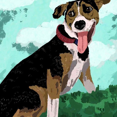 Illustration of an indian pariah dog with his tongue out and smiling looking towards the left  