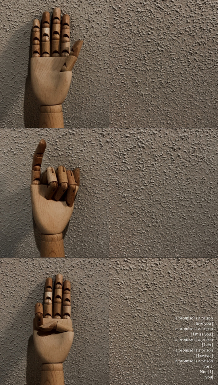 three photos of a wooden hand each photo is in a vertical the top the hand is flat palm facing out 