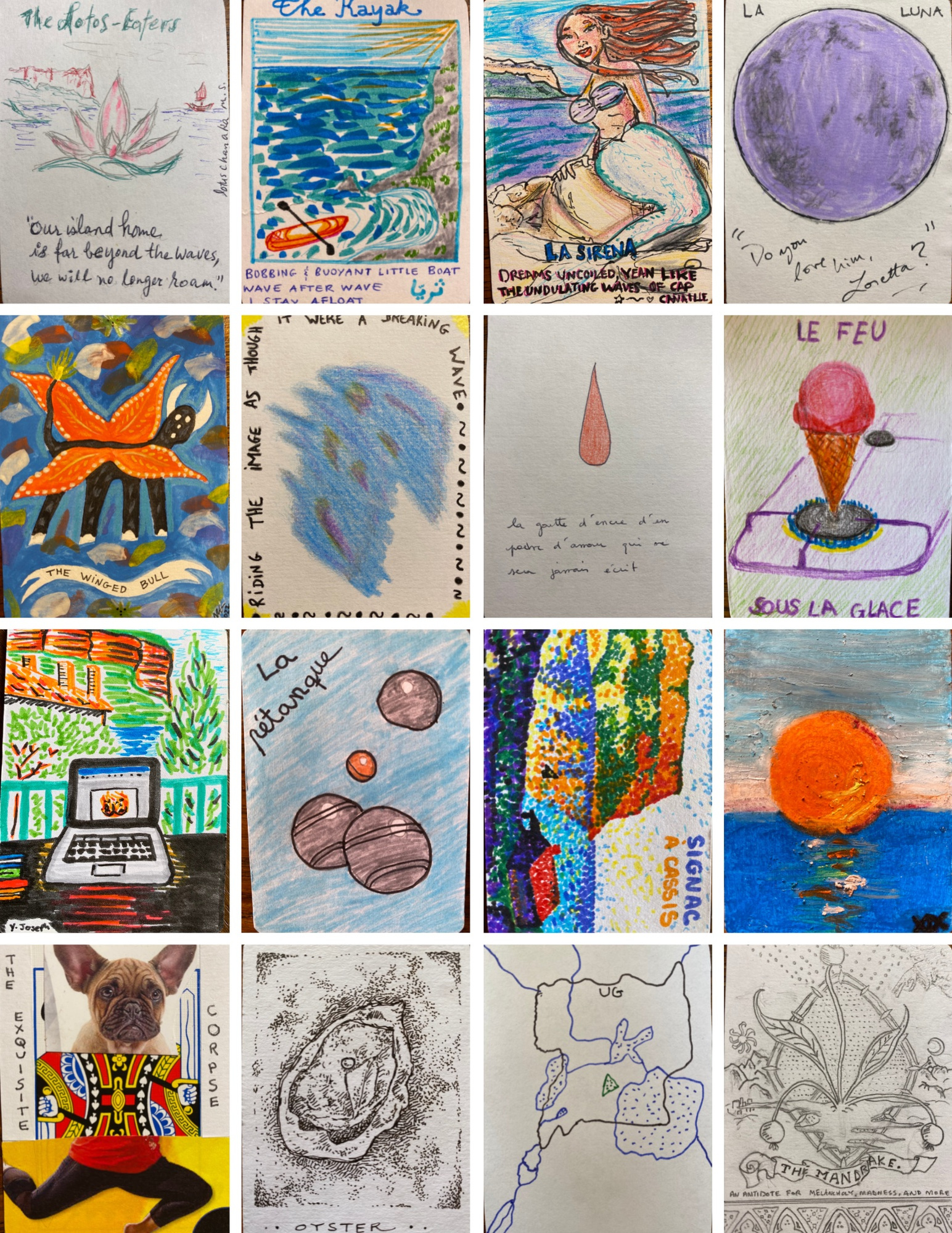 Cards are drawn including a purple moon, a mermaid with curly hair, a dog butterfly, an ice cream cone on a stove, an oyster, a line drawing of Uganda, a red tear drop, a kayak on water, pétanque balls, a big sun over the ocean