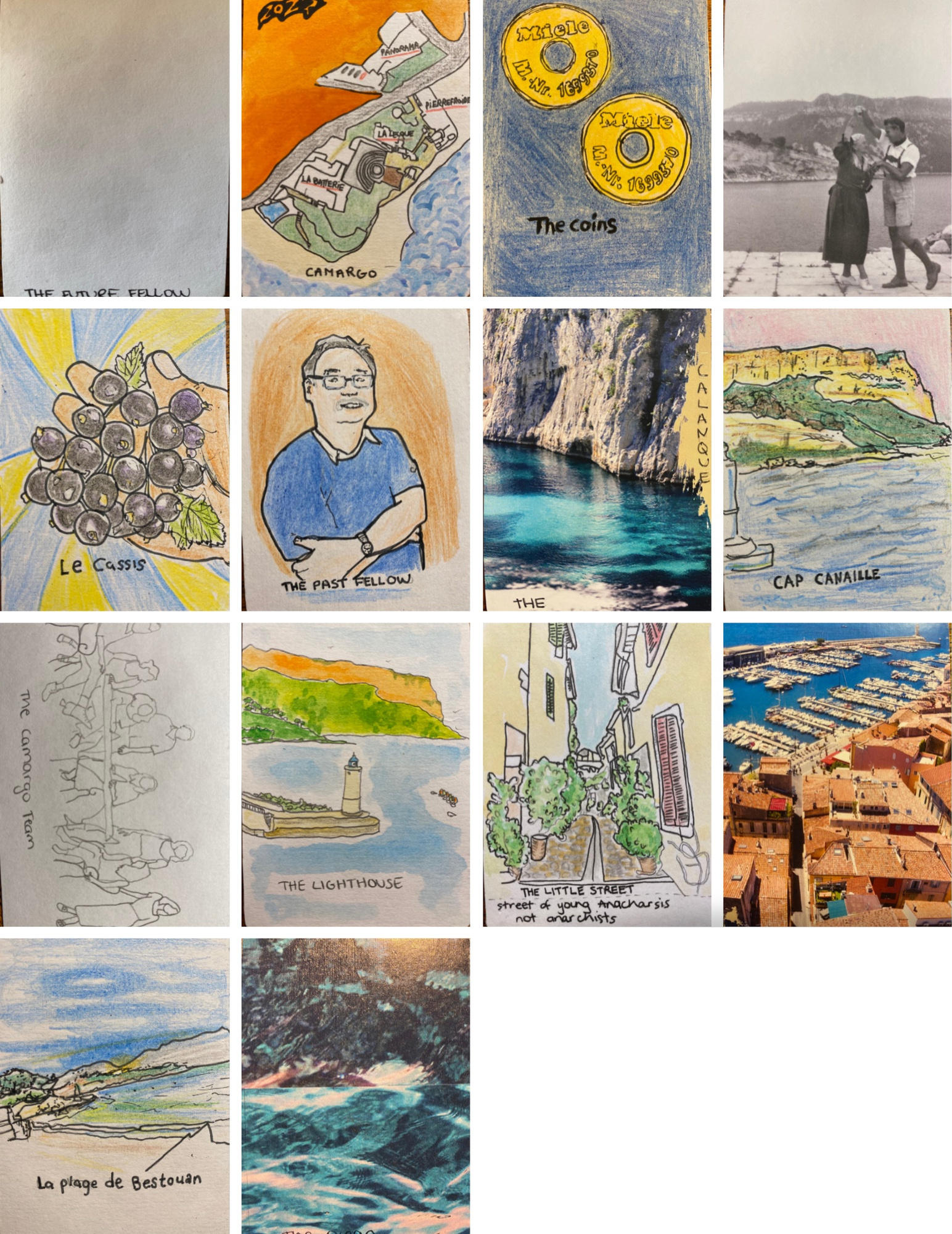 Cards include an empty card that reads The future Fellow, two metal coins, a photo go a man and his mother dancing, an overhead view of the city of Cassis, the lighthouse of Cassis, the star at Camargo