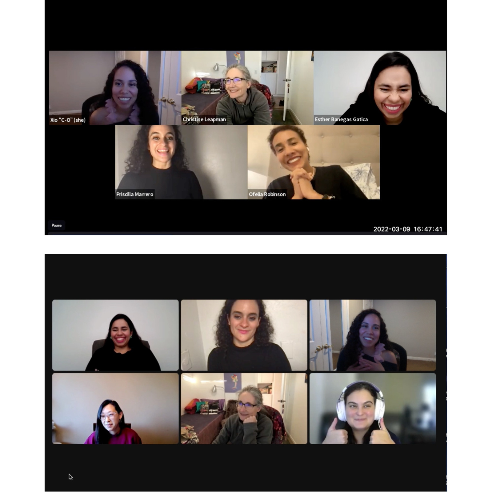 two screenshots of people smiling in zoom room 