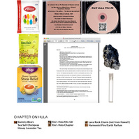 hula package includes gummy bears, sea salt chickpeas, honey lavender tea, tiny lava rock charm (not from Hawai'i), harmonist fire/earth perfume, mix CD with lilo and stitch, pearly shells, Pua hone, ula noweo by kawika Alfiche