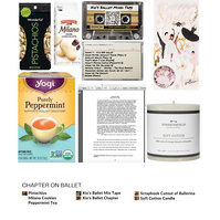 Ballet package includes pistachios, peppermint tea, scrapbook cut outs of ballerinas, a soft cotton candle, and cassette mixed tape with classical music like harry potter's hedwig theme, howl's moving castle, Romeo and Juliet dance of the knights