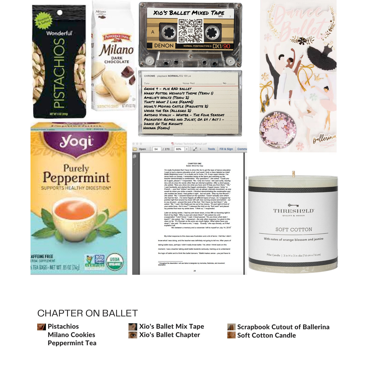 Ballet package includes pistachios, peppermint tea, scrapbook cut outs of ballerinas, a soft cotton candle, and cassette mixed tape with classical music like harry potter's hedwig theme, howl's moving castle, Romeo and Juliet dance of the knights
