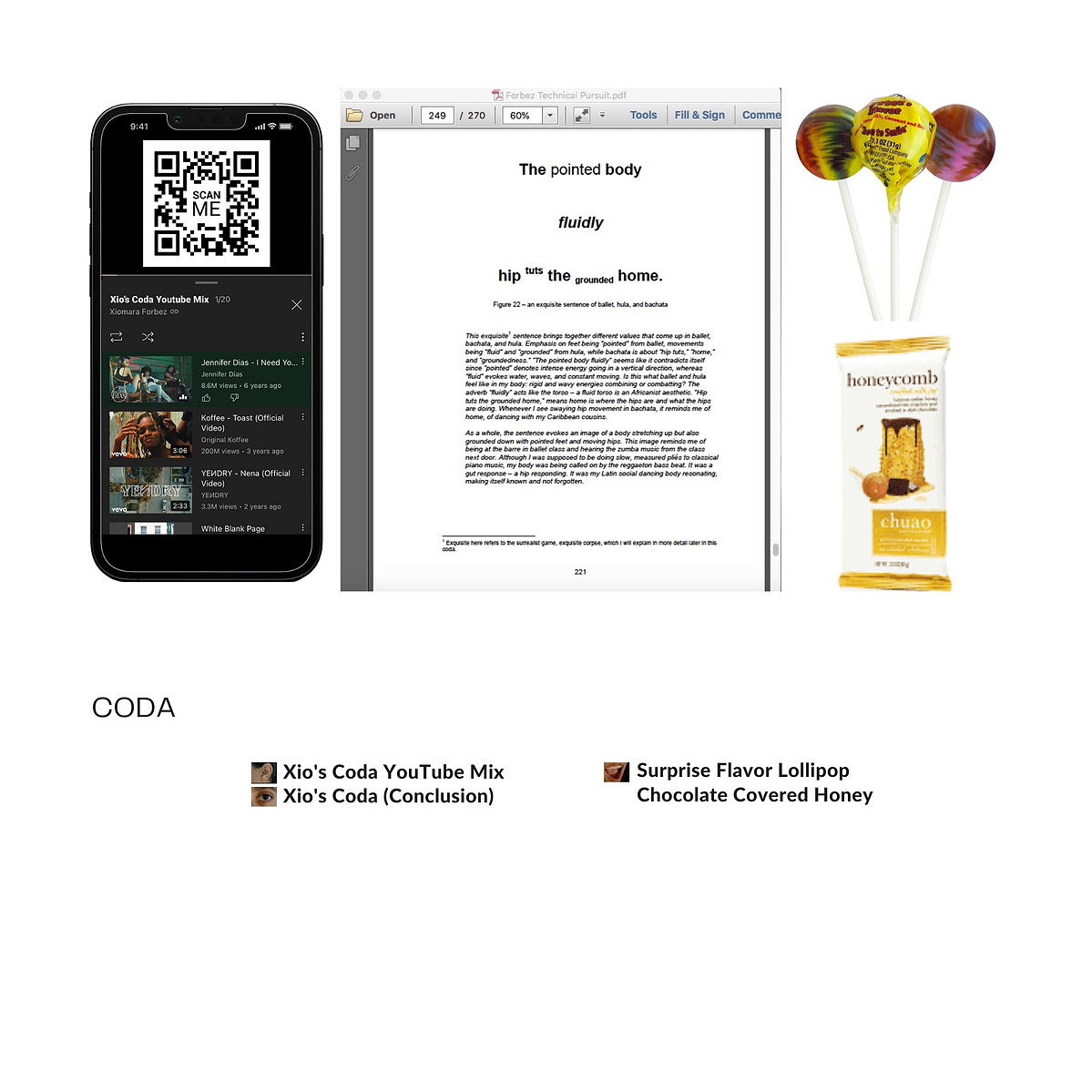 Coda includes mystery lollipop, honeycomb chocolate, YouTube mix on a phone that includes toast by coffee, nana by yen dry, Jennifer Dias I need you so