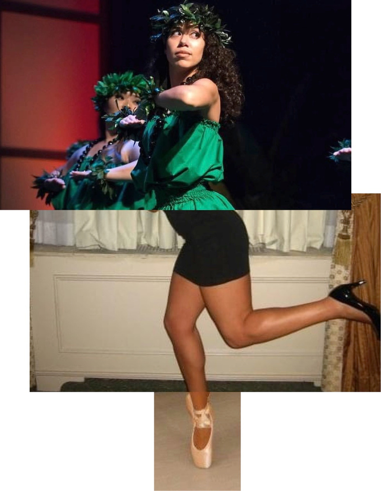 A woman wearing green hula top with crown of leaves in her hair, and a tight black short dress, and black heel, and a pointe shoe