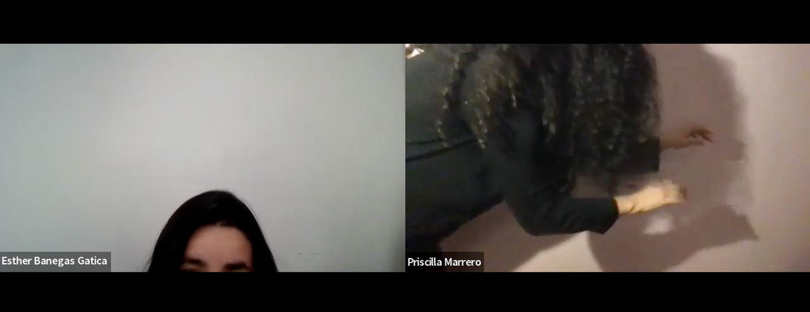 Screenshot of two people in zoom squares, the woman on the left can only been seen from the top of her hand to her eyebrows. the woman on the right has her back to us as she reaches for something across the screen