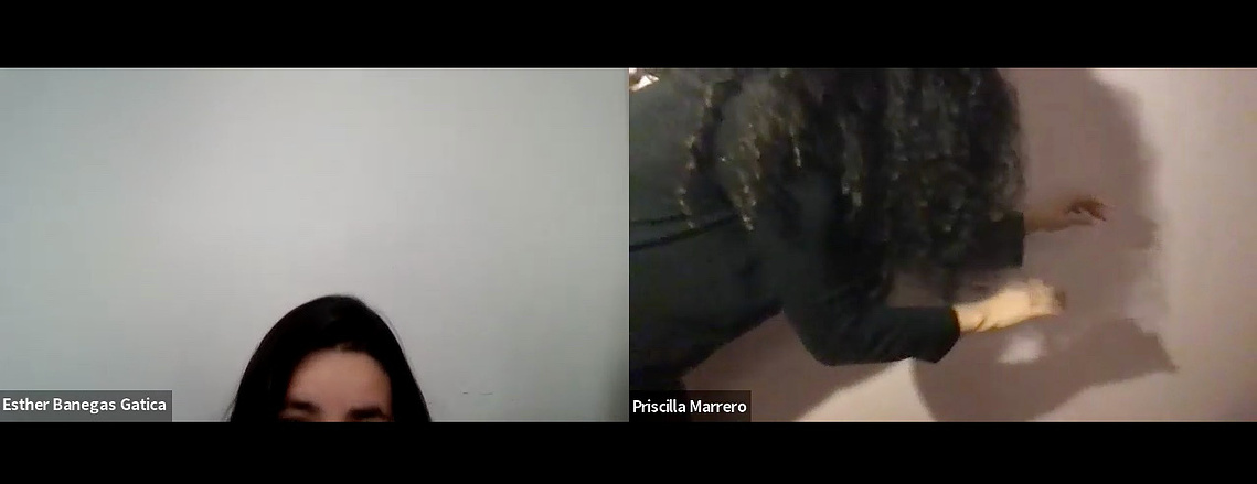 Screenshot of two people in zoom squares, the woman on the left can only been seen from the top of her hand to her eyebrows. the woman on the right has her back to us as she reaches for something across the screen