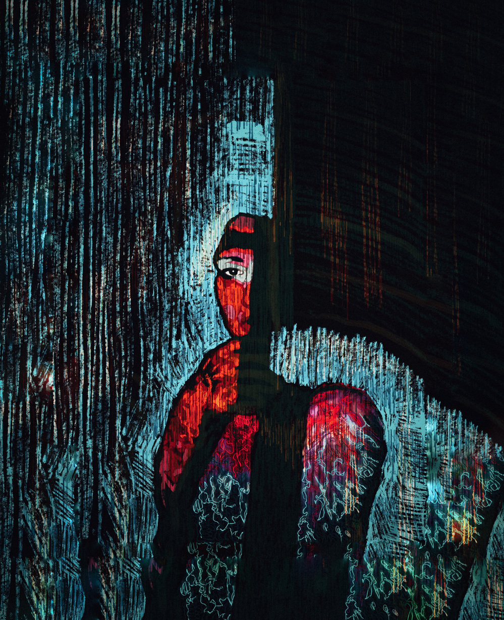 Digital portrait painting of a woman surrounded by blue brushstrokes.