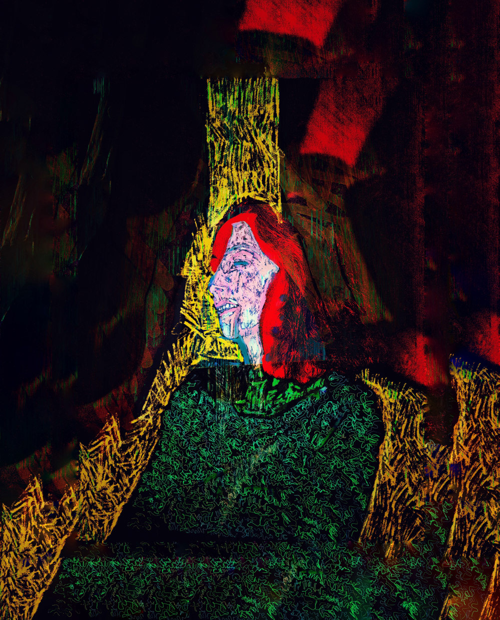 Digital portrait painting of a woman surrounded by yellow brushstrokes.