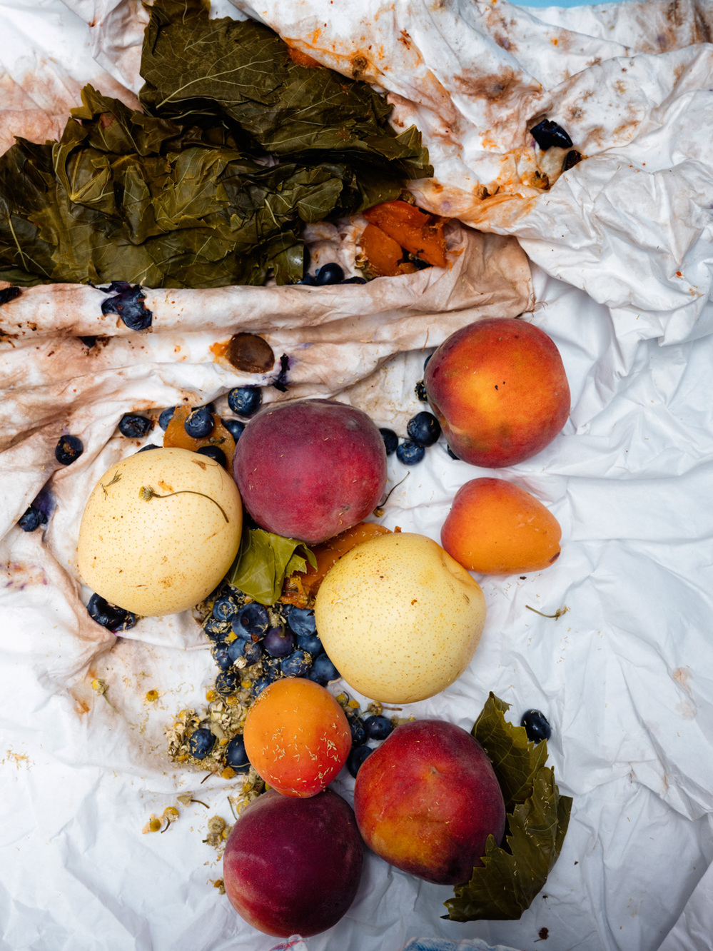 Colour photograph of various fruits including peaches and pears on a white cloth.