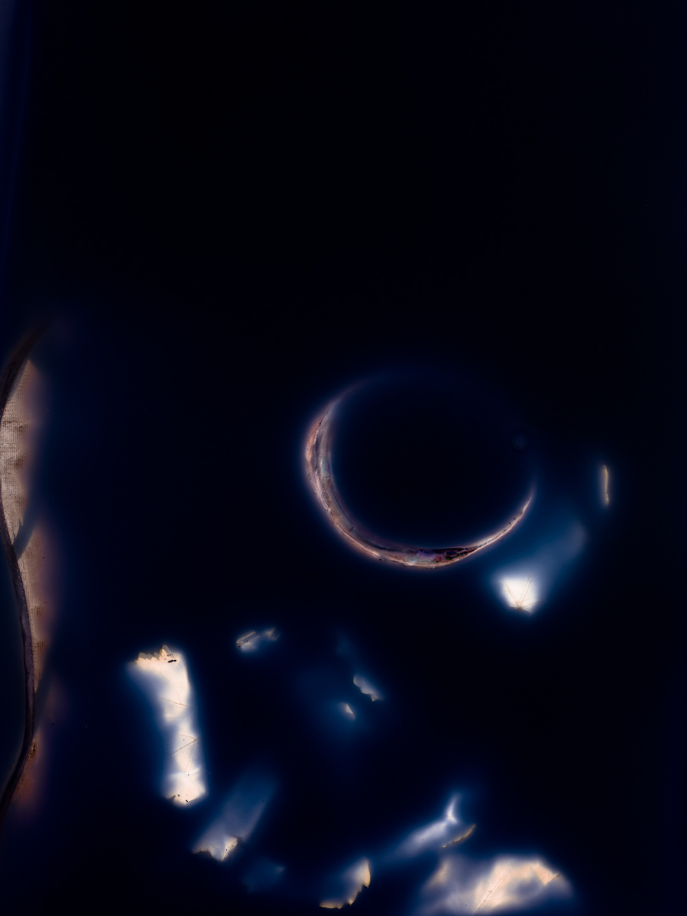 Abstract colour image of blue patterns and shapes against a dark background.