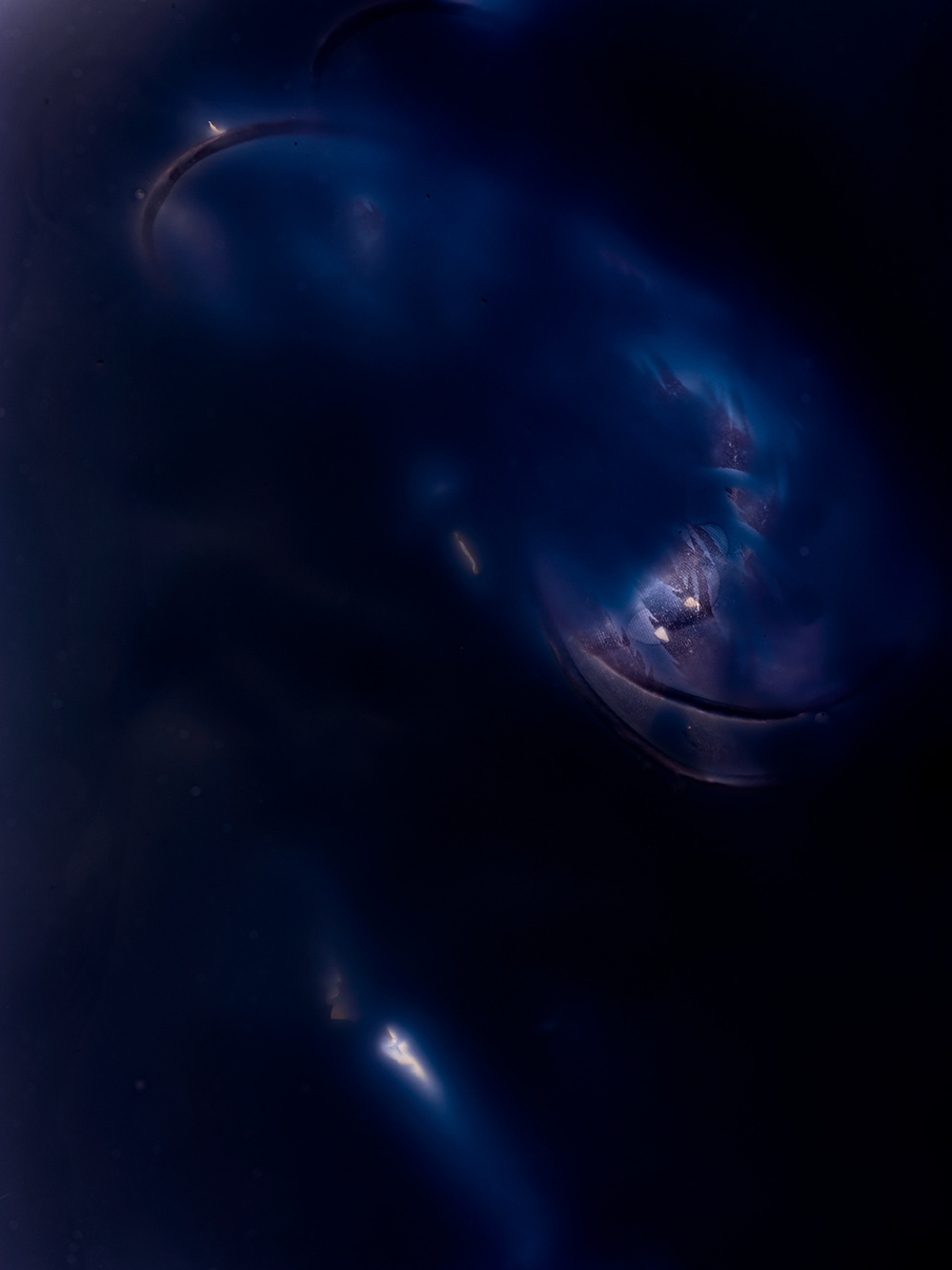 Abstract colour image of blue patterns against a dark background.