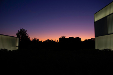 The Bloch Building at sunset at the Nelson-Atkins Museum of Art in Kansas City, Missouri.
