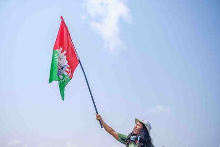 LAGOS, NGA - FEBRUARY 11, 2023: Portrait of Lucy Mwedi, 36; a supporter of Peter Obi; Labour Party presidential candidate on February 11, 2023 in Tafawa Balewa Square, Lagos, Nigeria. CREDIT: Taiwo Aina for The New York Times
