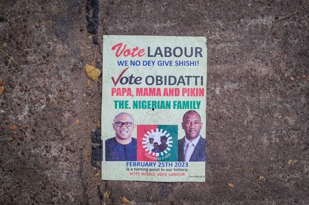 LAGOS, NGA - FEBRUARY 11, 2023: An informative flier for the campaign rally for Peter Obi, Labour Party presidential candidate, on February 11, 2023 at Tafawa Balewa Square, Lagos, Nigeria.  CREDIT: Taiwo Aina for The New York Times