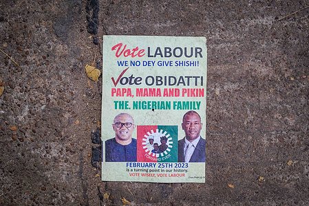 LAGOS, NGA - FEBRUARY 11, 2023: An informative flier for the campaign rally for Peter Obi, Labour Party presidential candidate, on February 11, 2023 at Tafawa Balewa Square, Lagos, Nigeria.  CREDIT: Taiwo Aina for The New York Times