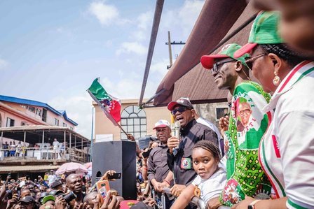 LAGOS, NGA - FEBRUARY 11, 2023: Peter Obi Gregory; Labour Party presidential candidate during his campaign rally on February 11, 2023 in Alaba market, Lagos, Nigeria. CREDIT: Taiwo Aina for The New York Times
