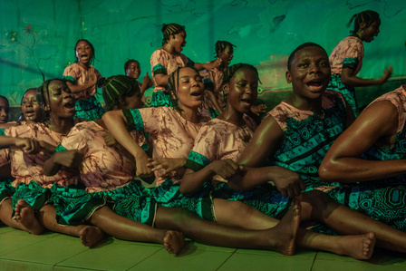 Students of Ajayi Crowther university during their initiation process, main activity of the induction program. May 28 2021, Oyo State, Nigeria.