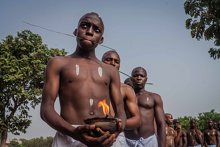 Male students dressed in their Yoruba traditional costume for the induction. April 1 2021, Kwara State, Nigeria.