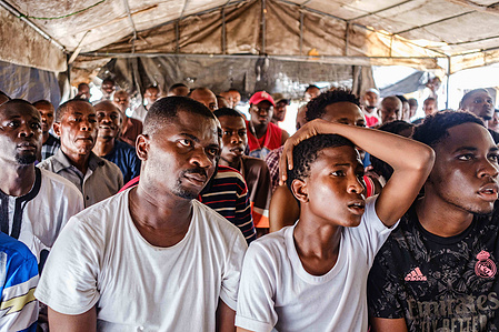 LAGOS, NGA - April 28, 2024: Atmosphere at viewing center in Festac as fans watch Premier league - Arsenal vs Totteham match. Arsenal won the game as final score was 2 -3 to Totteham. CREDIT: Taiwo Aina for New York Times.