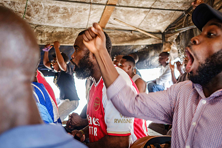 LAGOS, NGA - April 28, 2024: Adeshina Mayowa Karonwi; 45, in a viewing center in Festac watches Premier league - Arsenal vs Totteham match. Arsenal won the game as final score was 2 -3 to Totteham. Mayowa has been a supporter of Arsenal since 1994. CREDIT