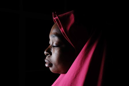 MAIDUGURI, NGA - April 11, 2024: Portrait of Saratu Dauda; 26, in Maiduguri. Saratu was abducted at age 16 on April 14, 2014, by Boko Haram, then married off to one of the terrorists. This was because she was given the option to either marry or be a slave