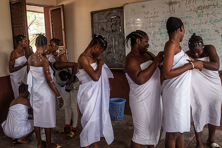 Female students of SPED dressing up for the induction program in their lecture room. Febuary 11, 2021, Oyo State, Nigeria.