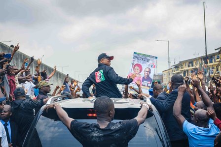 LAGOS, NGA - FEBRUARY 11, 2023: Ongoing campaign rally for Peter Obi, Labour Party presidential candidate, on February 11, 2023 at Lagos, Nigeria.  CREDIT: Taiwo Aina for The New York Times