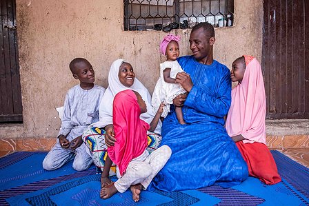 SOKOTO, NGA - July 3, 2023: Family portrait of Nana Firdausi Umar, her sisters; her dad and her mum; Rashida Umar in their home at Jiddawa community of Rumbukawa, Sokoto North LGA, Nigeria. CREDIT: Taiwo Aina 