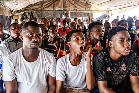 LAGOS, NGA - April 28, 2024: Atmosphere at viewing center in Festac as fans watch Premier league - Arsenal vs Totteham match. Arsenal won the game as final score was 2 -3 to Totteham. CREDIT: Taiwo Aina for New York Times.